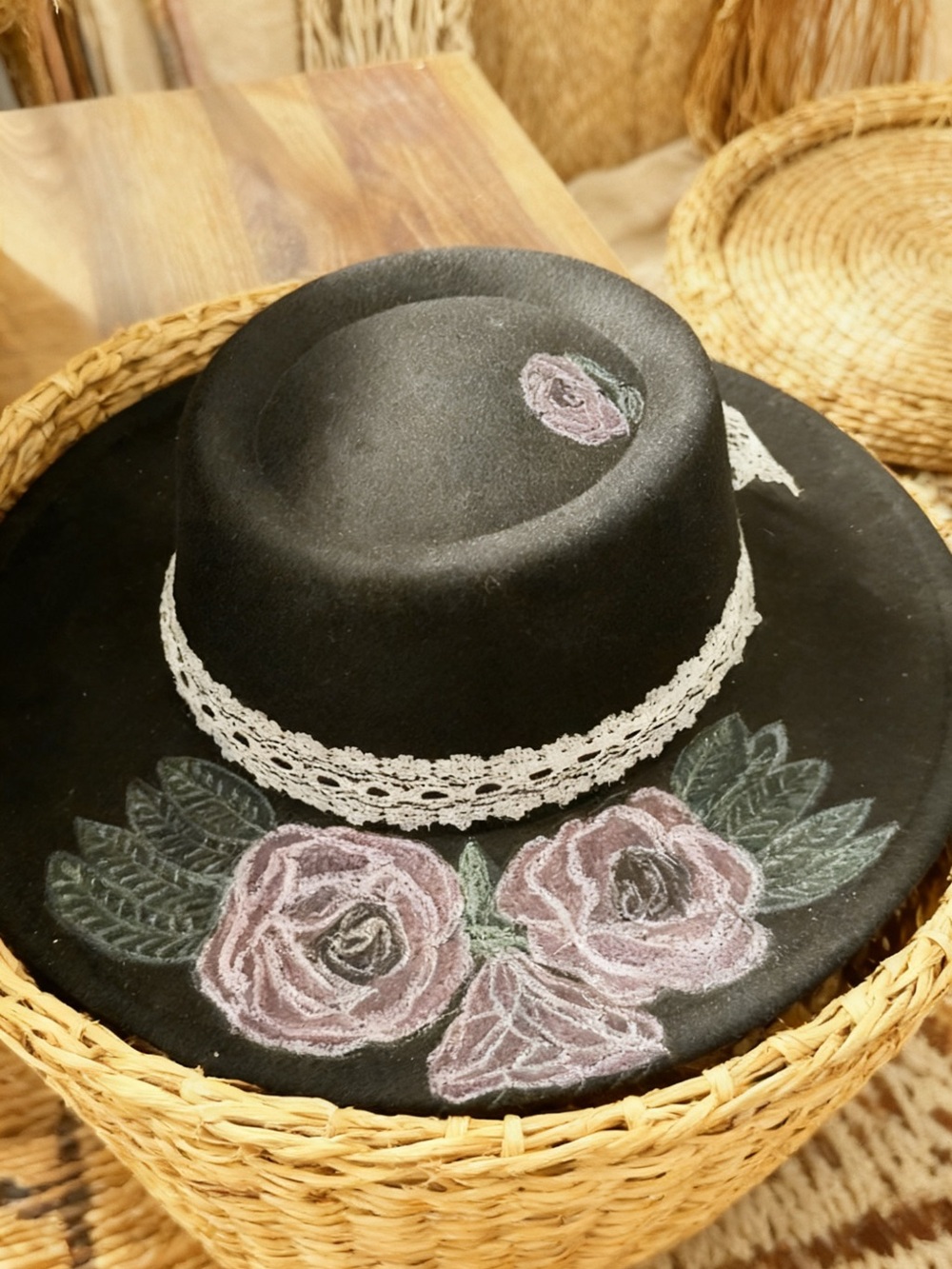 Black Floral Wide-Brim Felt Hat with Lace Trim